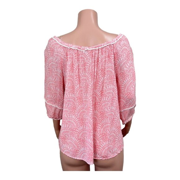 Crown & Ivy Women sz L Petite  Coral Top Blouse Tie Collar Neck Crochet Detail - Picture 2 of 15